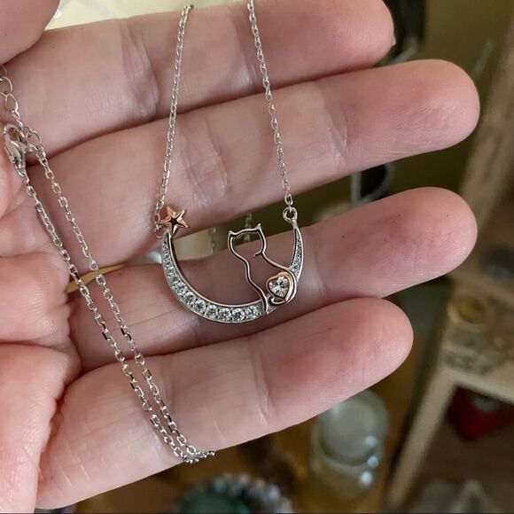 Cat Moon CZ Two-Tone Necklace - Picture 1 of 4